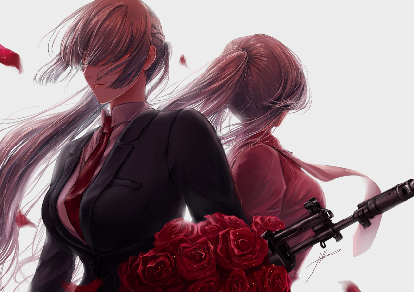 2girls ak-12_(girls'_frontline) ak-15_(girls'_frontline) bangs black_suit bouquet braid breasts closed_mouth collared_shirt dress_shirt falling_petals filha flower french_braid girls_frontline gun hair_over_eyes high_ponytail highres large_breasts long_hair looking_away multiple_girls petals red_neckwear red_shirt rifle shirt sidelocks silver_hair weapon white_background white_shirt