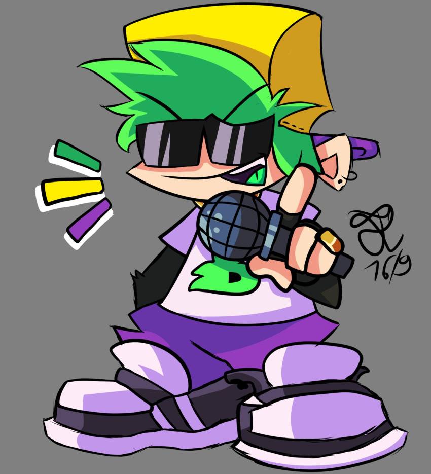 1boy alternate_universe boyfriend_(friday_night_funkin') dated english_commentary fingerless_gloves friday_night_funkin' friday_night_funkin'_b3_remixed gloves green_hair green_tongue grey_background hat holding holding_microphone itosaihara male_focus microphone open_mouth pants purple_pants short_hair smile solo standing sunglasses tongue yellow_hat