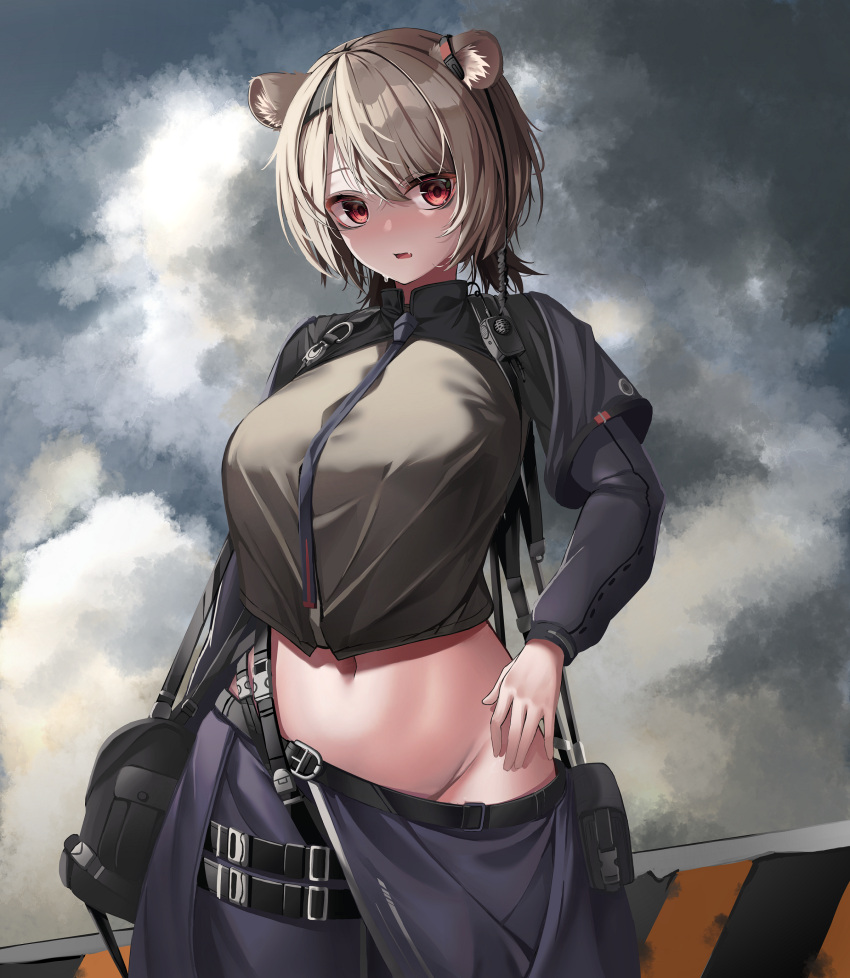 1girl absinthe_(arknights) absurdres animal_ear_fluff animal_ears arknights bag bangs bear_ears belt black_jacket breasts brown_hair chun_bae clothes_pull clouds cloudy_sky cowboy_shot earpiece groin highres jacket large_breasts long_sleeves looking_at_viewer navel open_mouth outdoors red_eyes short_hair short_ponytail shoulder_bag sky solo