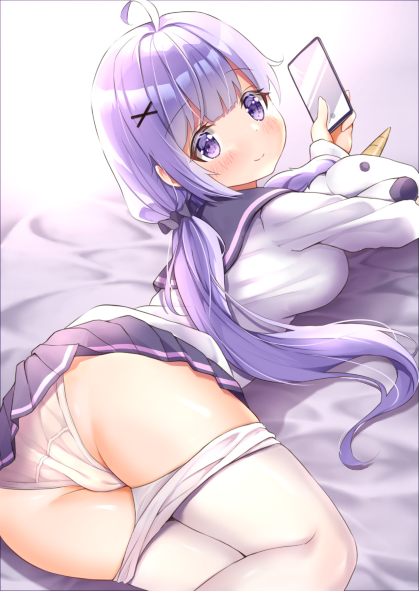 1girl absurdres ahoge azur_lane bangs bed_sheet blunt_bangs butt_crack cellphone classic_(zildjian33) clothes_pull commentary_request doll_hug eyebrows_visible_through_hair from_behind hair_ornament hair_scrunchie highres holding holding_phone long_hair long_sleeves looking_at_viewer looking_back low_twintails lying object_hug on_stomach panties pantyhose pantyhose_pull pantyshot phone pleated_skirt purple_hair school_uniform scrunchie serafuku sidelocks skirt smartphone smile solo stuffed_animal stuffed_toy stuffed_winged_unicorn twintails twisted_torso underwear unicorn_(amusement_park_date)_(azur_lane) unicorn_(azur_lane) violet_eyes white_legwear white_panties x_hair_ornament