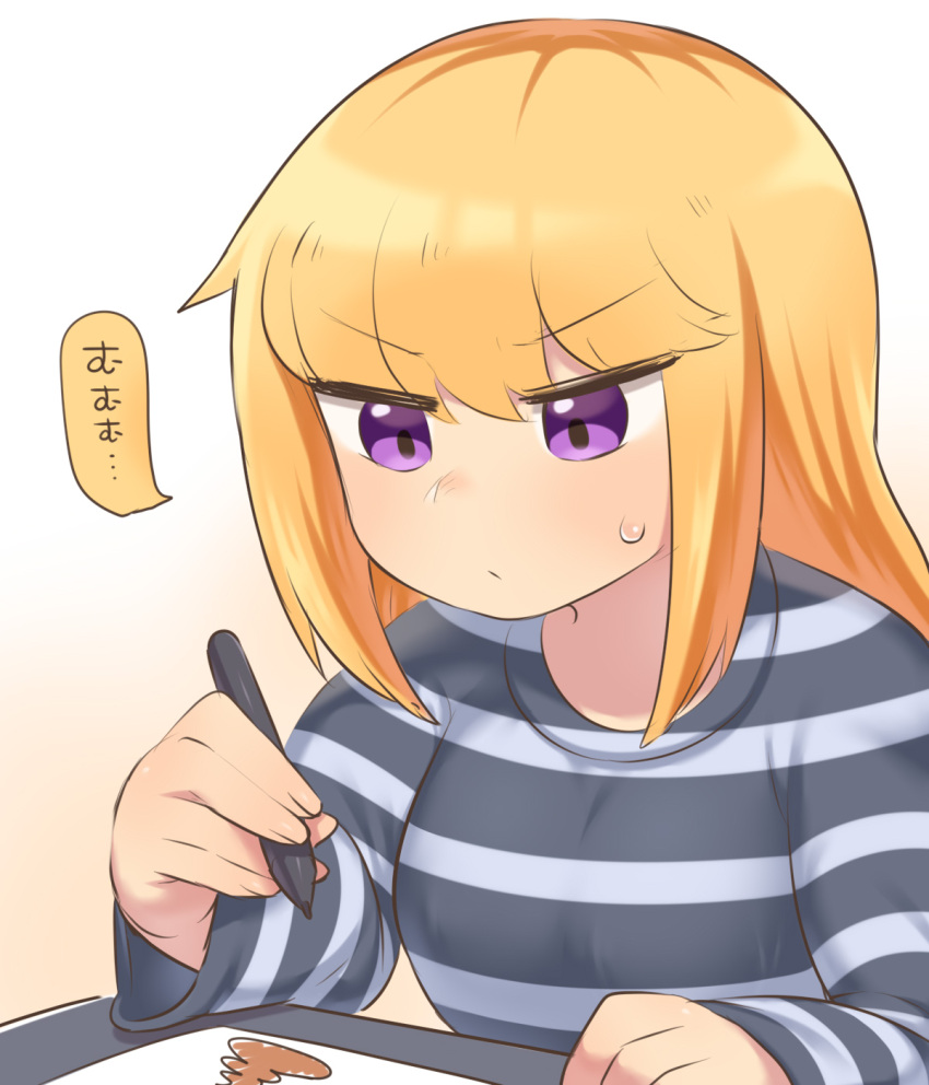 1girl ahoge blonde_hair blush closed_mouth drawing eyebrows_visible_through_hair highres holding holding_stylus long_hair long_sleeves original rantana_(lalalalackluster) shirt solo striped striped_shirt stylus sweatdrop upper_body v-shaped_eyebrows violet_eyes