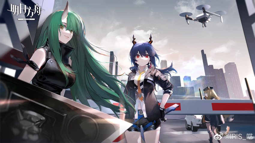 3girls animal_ears arknights armor beret black_footwear black_gloves black_headwear black_jacket black_legwear black_shorts blue_hair building car ch'en_(arknights) chinese_commentary city commentary_request copyright_name copyright_request dragon_horns drone fingerless_gloves gloves green_hair ground_vehicle hair_between_eyes hand_on_hip hannya_(arknights) hat highres holding holding_shield horns hoshiguma_(arknights) iris_yi jacket lips long_hair looking_at_viewer motor_vehicle multiple_girls necktie oni_horns open_clothes open_jacket orange_neckwear outdoors profile red_eyes sheath sheathed shield shirt shorts single_horn skyscraper sleeveless swire_(arknights) sword tail thigh-highs tiger_ears tiger_girl tiger_tail twintails walkie-talkie weapon weibo_username white_shirt yellow_eyes