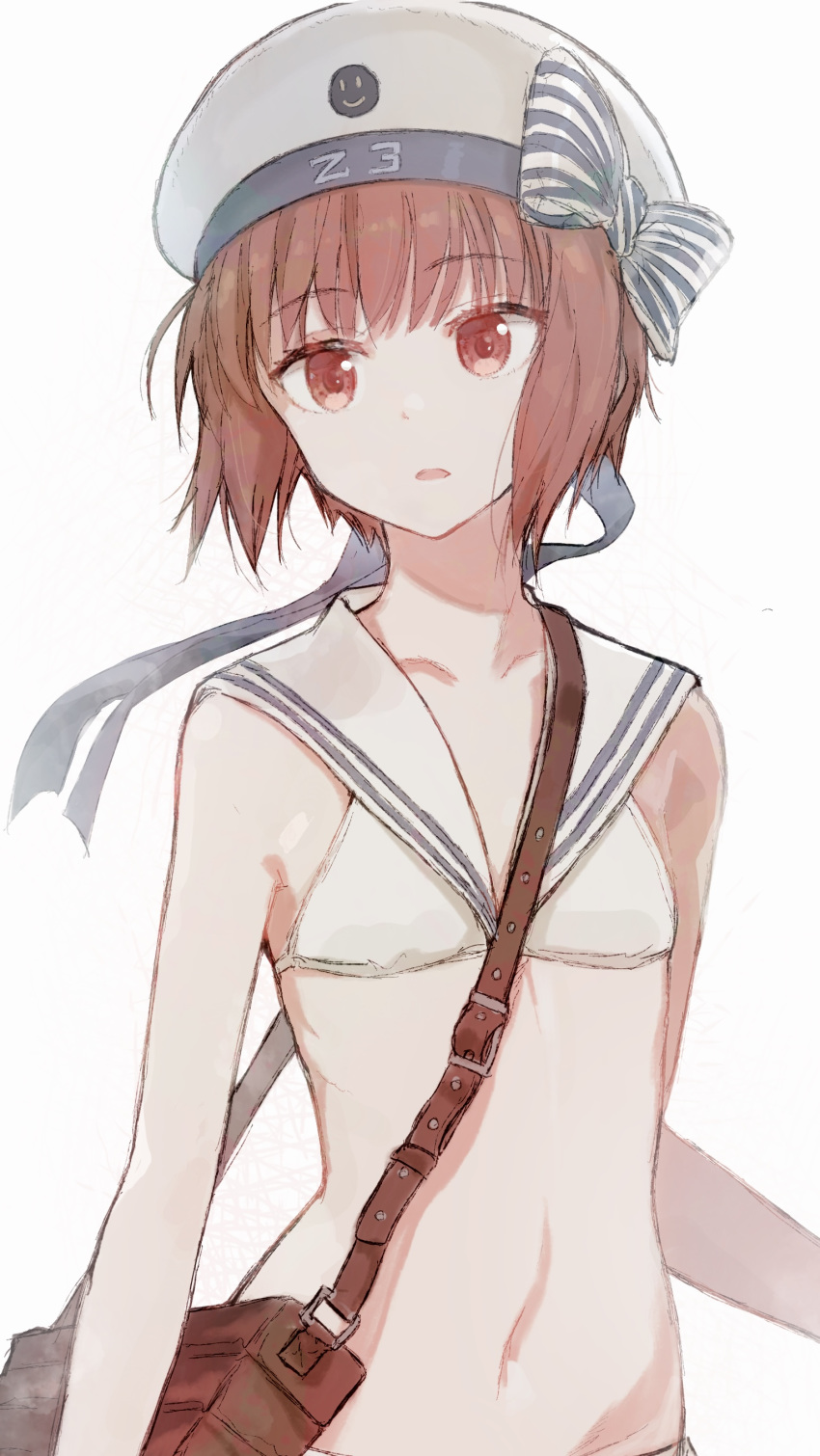 1girl absurdres banned_artist bare_arms bare_shoulders bikini brown_eyes brown_hair clothes_writing collarbone eyebrows_visible_through_hair hat highres kantai_collection navel open_mouth sailor_bikini sailor_collar sailor_hat short_hair simple_background solo swimsuit white_background white_bikini white_headwear white_sailor_collar yopan_danshaku z3_max_schultz_(kancolle)