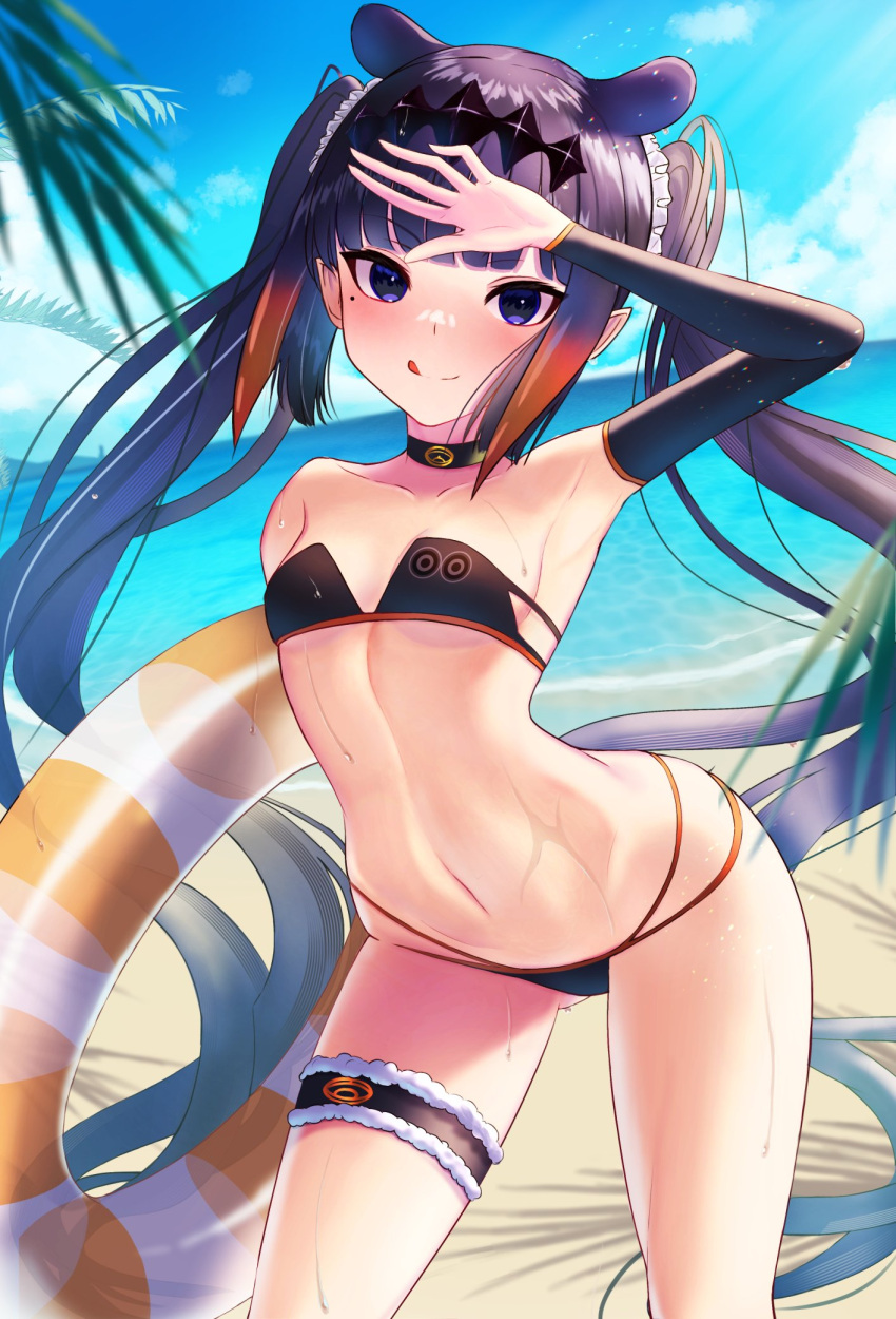 1girl :q arched_back armpits beach blush breasts clouds eyebrows_visible_through_hair highres hololive hololive_english inari_(ambercrown) innertube long_hair mole mole_under_eye navel ninomae_ina'nis outdoors pointy_ears purple_hair shadow sky split_mouth standing stomach swimsuit tentacle_hair tongue tongue_out transparent very_long_hair violet_eyes virtual_youtuber water wet wet_clothes wet_hair wet_swimsuit