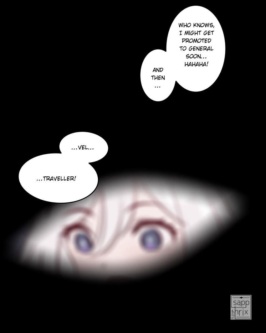 1girl black_eyes blurry commentary depth_of_field english_commentary english_text genshin_impact highres paimon_(genshin_impact) pov sapphrixrain waking_up white_hair