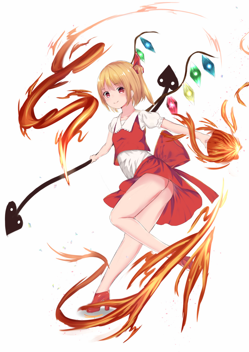 1girl :&gt; absurdres ass bangs blonde_hair closed_mouth collarbone commentary_request crystal enki_1021 eyebrows_visible_through_hair fire flandre_scarlet full_body hair_between_eyes hair_ribbon high_heels highres holding holding_weapon laevatein_(touhou) looking_at_viewer no_hat no_headwear one_side_up panties pantyshot puffy_short_sleeves puffy_sleeves pyrokinesis red_eyes red_footwear red_ribbon red_skirt red_vest ribbon short_hair short_sleeves simple_background skirt smile solo standing standing_on_one_leg touhou underwear vest weapon white_background wings