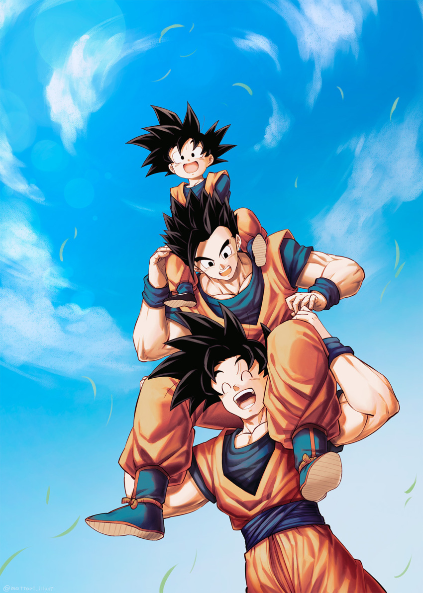 3boys :d ^_^ black_eyes black_hair blue_footwear blue_sky blurry bokeh boots brothers carrying closed_eyes clouds d: day depth_of_field dougi dragon_ball dragon_ball_z dutch_angle father_and_son fingernails fisheye full_body grass hands_on_another's_knees hands_on_another's_leg happy highres looking_at_another looking_down male_focus mattari_illust multiple_boys open_mouth outdoors shoulder_carry siblings sky smile son_gohan son_goku son_goten spiky_hair standing teeth upper_body wind wind_lift wristband