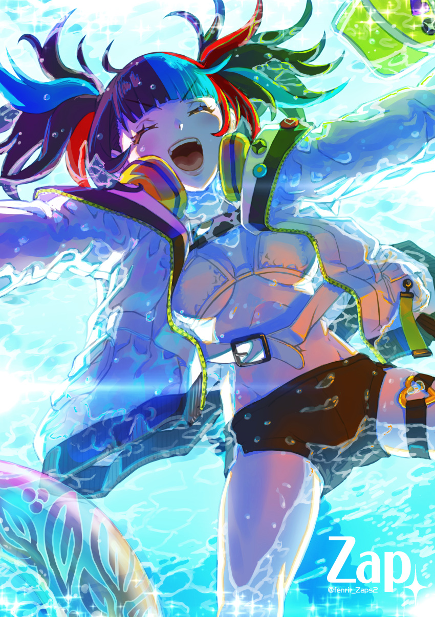 1girl :d absurdres afloat artist_name bike_shorts bikini black_hair black_shorts blue_hair breasts breasts_apart closed_eyes commentary_request fate/grand_order fate_(series) headphones headphones_around_neck highres jacket long_hair lying multicolored_hair open_mouth redhead sei_shounagon_(fate) sei_shounagon_(swimsuit_berserker)_(fate) shorts smile solo swimsuit thigh_strap twintails twitter_username water white_bikini white_jacket zap