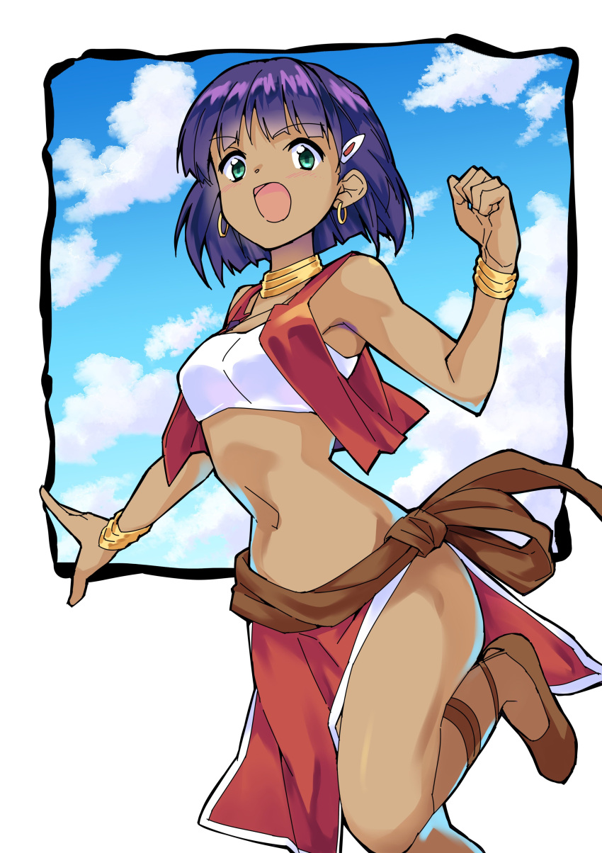 1girl absurdres bandeau clouds dark-skinned_female dark_skin earrings fushigi_no_umi_no_nadia green_eyes highres jewelry koyashi24 medium_hair midriff nadia_la_arwall navel neck_ring open_mouth purple_hair red_skirt skirt smile solo vest wrist_cuffs