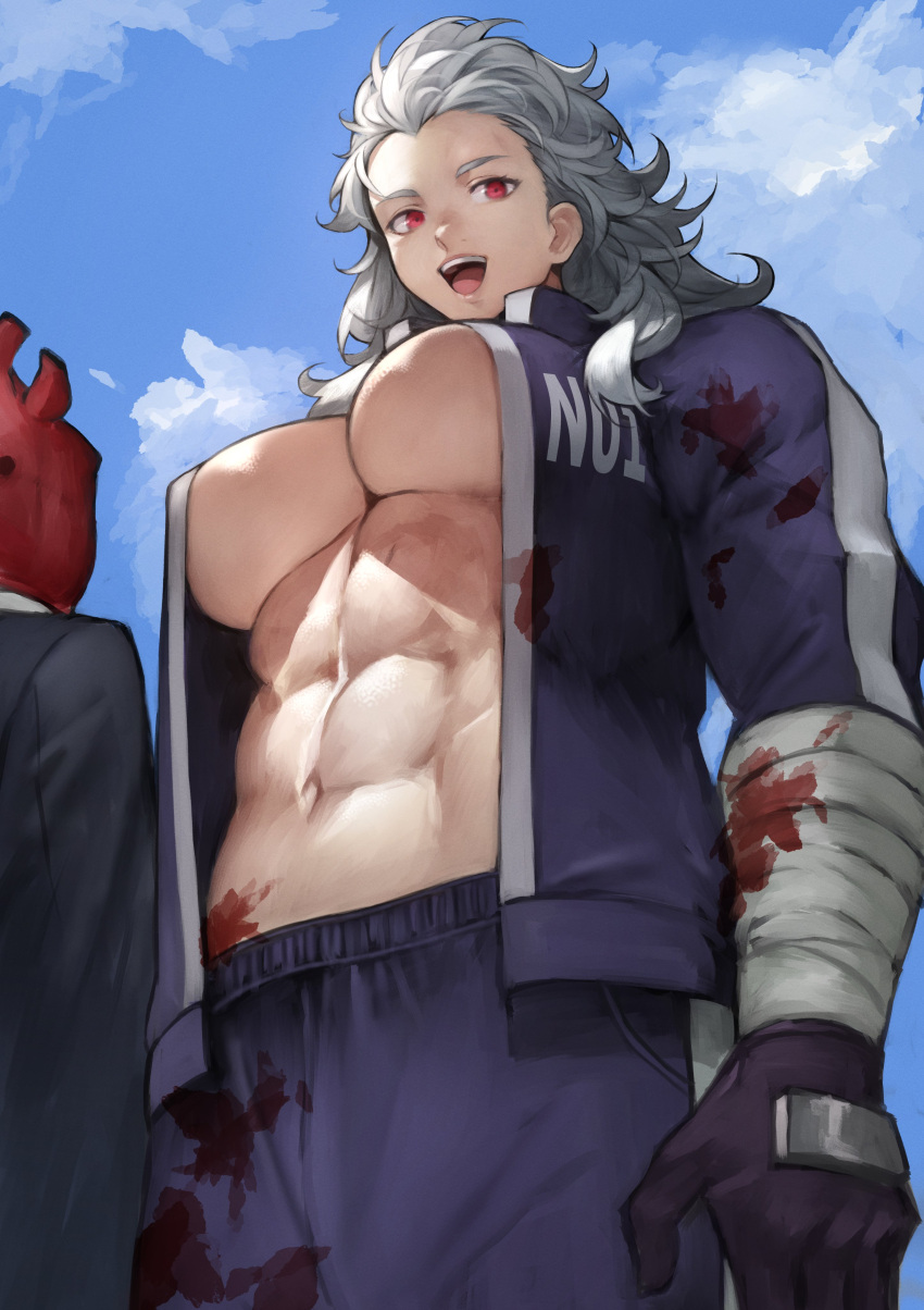 1boy 1girl abs absurdres breasts dorohedoro gloves grey_hair highres large_breasts long_hair long_sleeves looking_at_viewer muscular muscular_female navel noi_(dorohedoro) open_mouth red_eyes shin_(dorohedoro) smile yoshio_(55level)