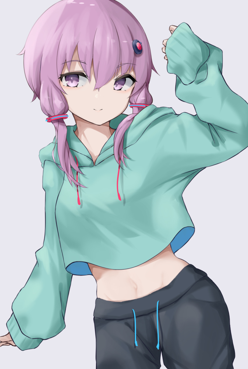 1girl arm_up bangs black_pants breasts commentary_request crop_top drawstring eyebrows_visible_through_hair green_hoodie grey_background hair_between_eyes hair_over_shoulder highres hood hood_down hoodie long_hair long_sleeves looking_at_viewer midriff navel pants purple_hair simple_background sleeves_past_wrists small_breasts solo violet_eyes voiceroid yusake_san yuzuki_yukari