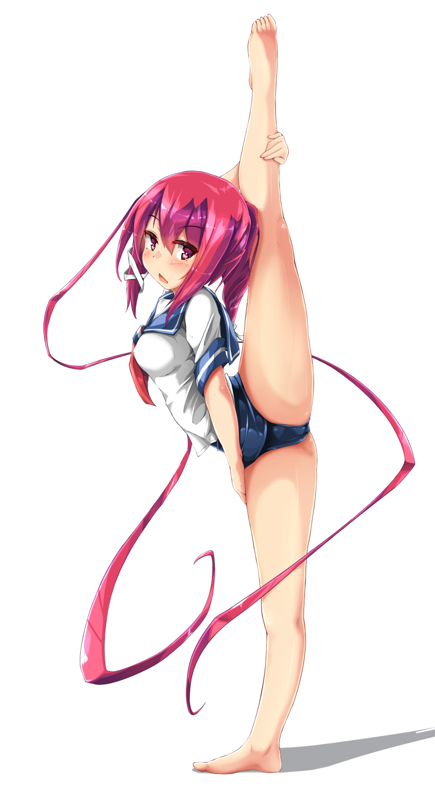 1girl absurdres breasts flexible full_body highres i-168_(kancolle) kantai_collection leg_lift leg_up long_hair one-piece_swimsuit ponytail redhead school_swimsuit school_uniform serafuku short_sleeves small_breasts solo split standing standing_on_one_leg standing_split swimsuit swimsuit_under_clothes unomi very_long_hair