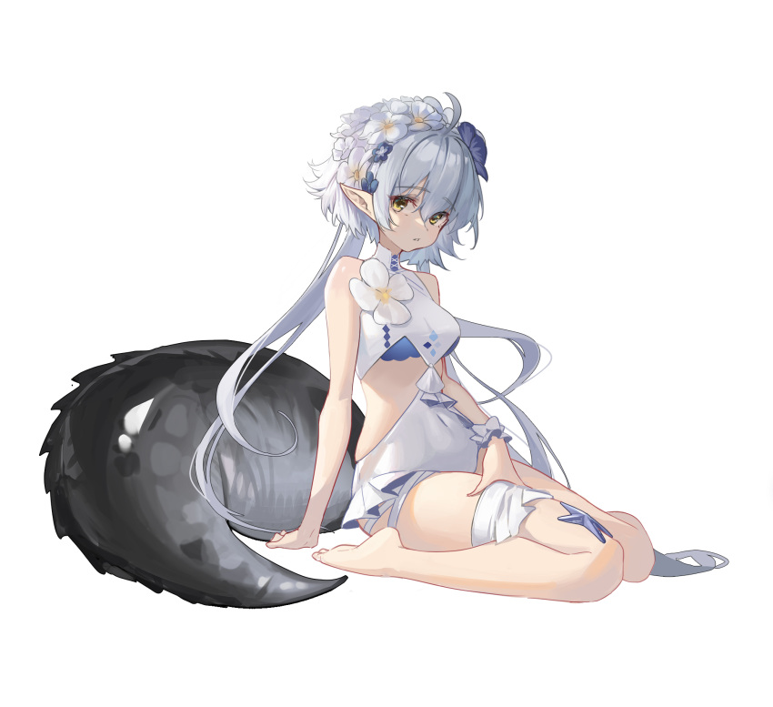 1girl ahoge arknights bangs bare_arms bare_shoulders barefoot breasts casual_one-piece_swimsuit commentary covered_navel crocodilian_tail eyebrows_visible_through_hair flower full_body hair_between_eyes hair_flower hair_ornament highres komi_(komiking) large_tail long_hair looking_at_viewer medium_breasts official_alternate_costume one-piece_swimsuit parted_lips pointy_ears purple_flower silver_hair simple_background sitting solo starfish swimsuit tail tomimi_(arknights) tomimi_(silent_night)_(arknights) very_long_hair wariza white_background white_flower white_swimsuit wrist_cuffs yellow_eyes