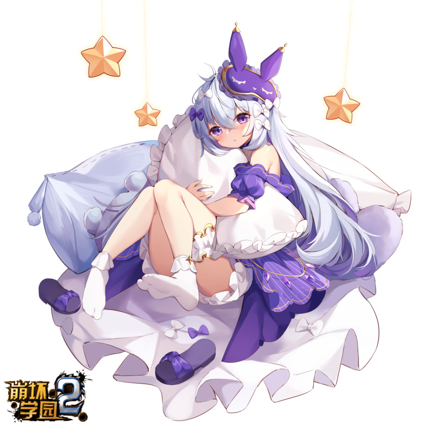 1girl absurdres antenna_hair bangs benghuai_xueyuan blush bow character_request chinese_commentary commentary_request copyright_name dress eyebrows_visible_through_hair full_body hair_between_eyes hair_bow heart heart_pillow highres honkai_(series) knees_together_feet_apart leg_garter long_hair looking_at_viewer nahaki no_shoes object_hug off_shoulder parted_lips pillow pillow_hug purple_bow purple_dress sandals sandals_removed short_sleeves silver_hair sitting socks solo very_long_hair violet_eyes white_bow white_legwear