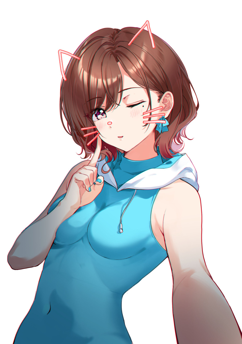 1girl absurdres animal_ears bangs bare_arms bare_shoulders blue_bow blue_leotard blue_nails blush bow bow_earrings breasts brown_hair cat_ears covered_navel drawstring earrings eyebrows_visible_through_hair face_filter fake_animal_ears finger_to_cheek highres higuchi_madoka hood hood_down hooded_leotard idolmaster idolmaster_shiny_colors jewelry leotard looking_at_viewer medium_breasts mole mole_under_eye nail_polish nonbire one-hour_drawing_challenge one_eye_closed outstretched_arm parted_lips selfie short_hair simple_background solo swept_bangs upper_body violet_eyes whiskers white_background