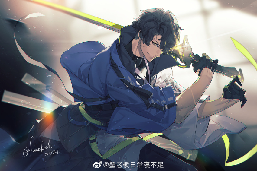 1boy aki_(girls'_frontline_nc) black_gloves black_hair black_shirt chinese_commentary commentary_request cowboy_shot dated girls'_frontline_neural_cloud girls_frontline gloves hair_over_one_eye half_gloves japanese_clothes kimono krab_(fumekrab) looking_at_viewer male_focus scar scar_on_face shirt short_hair signature solo sword twitter_username weapon weibo_username