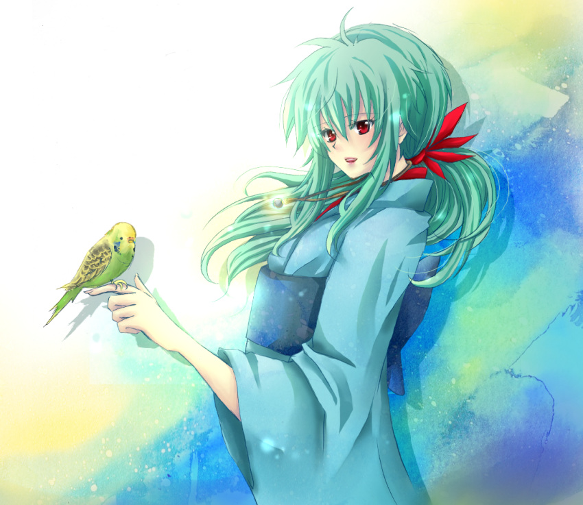 bird female green_hair japanese_clothes kimono long_hair nagisa-a necklace ponytail red_eyes solo yu_yu_hakusho yukina_(yu_yu_hakusho)