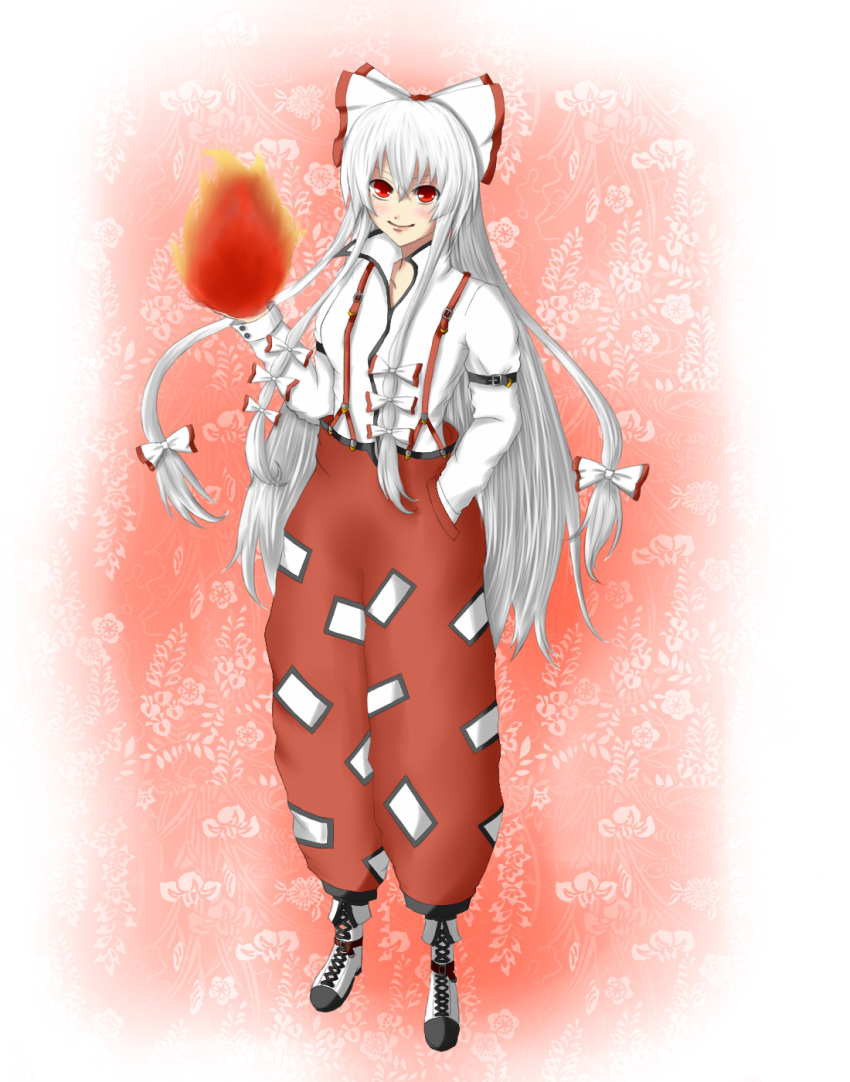 baggy_pants boots cross-laced_footwear fire fujiwara_no_mokou hair_ribbon highres lace-up_boots lace_up_boots long_hair luru_(lesena) pants red_eyes ribbon silver_hair solo suspenders touhou very_long_hair