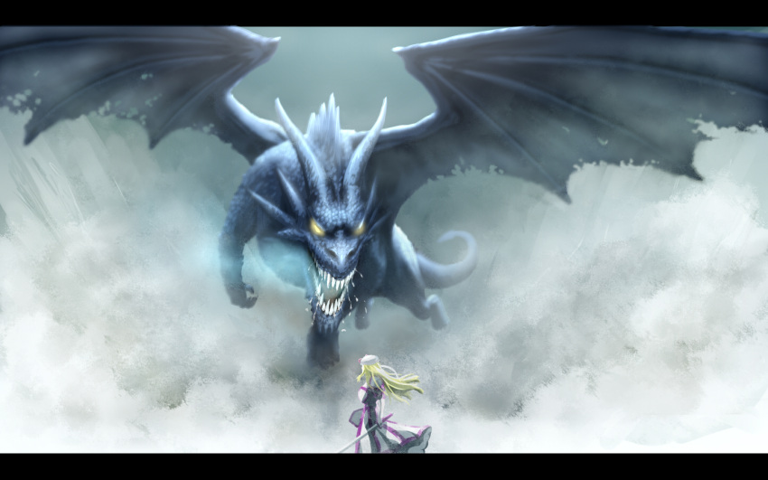 ambermoe blonde_hair dragon hat long_hair monster sword touhou wallpaper weapon wings yakumo_yukari