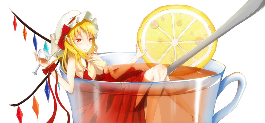 breasts cheshuilishang cup cupping_glass erect_nipples flandre_scarlet food fruit girl_in_a_cup hat in_container in_cup lemon minigirl red_eyes short_hair solo tea touhou wings