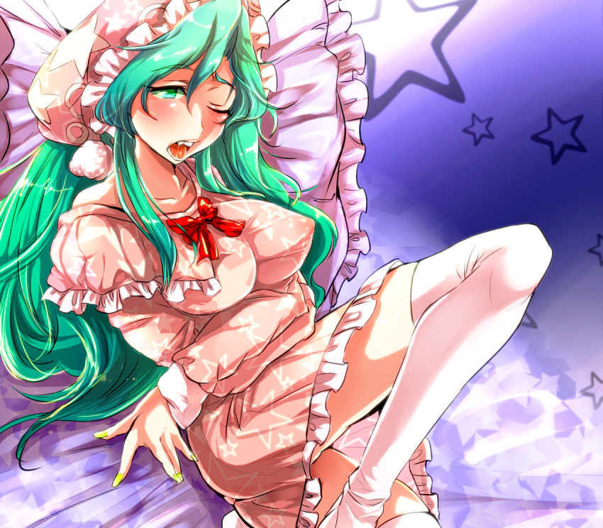 bad_id blush breasts enigma_(odd15) green_hair hat kazami_yuuka kazami_yuuka_(pc-98) large_breasts long_hair lying nail_polish nightgown open_mouth pillow solo star thigh-highs thighhighs touhou touhou_(pc-98) white_legwear white_thighhighs wink