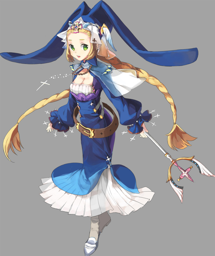 belt beltskirt blonde_hair braid breasts cleavage cross fantasy green_eyes hat highres hobble_dress jewelry necklace original rpg_maker rpg_maker_ds simple_background solo staff twin_braids twintails