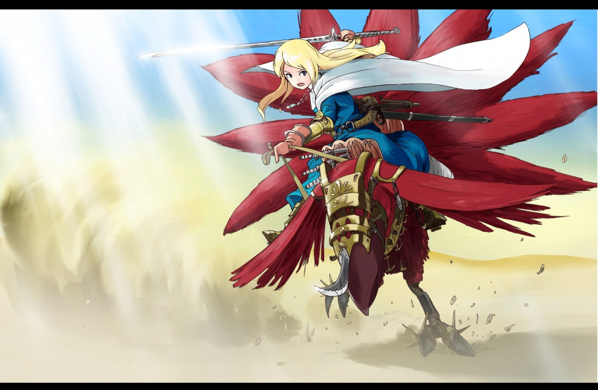 armored_dress barding bird blonde_hair boots buncha_to_imon cape chocobo desert dust_cloud final_fantasy final_fantasy_tactics gloves grey_eyes knife knight_(fft) letterboxed long_hair multiple_tails riding sheath spikes sword tail weapon