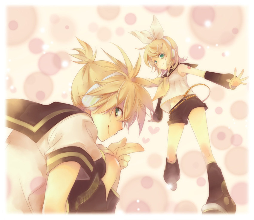 blonde_hair bow brother_and_sister detached_sleeves hair_bow headphones kagamine_len kagamine_rin leg_warmers necktie ponytail riq shorts siblings smile twins vocaloid