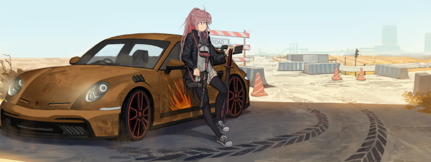 1girl bangs black_legwear car city commission danzir day desert ground_vehicle gun highres holding holding_weapon horizon jacket long_hair looking_away motor_vehicle original pink_eyes pink_hair ponytail road_sign scenery shoes sign sky solo standing thigh-highs traffic_barrier traffic_cone weapon