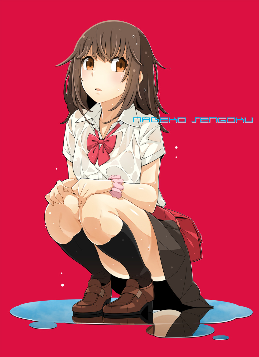 1girl bag bangs black_legwear black_skirt blunt_bangs blush bow bowtie brown_eyes brown_footwear brown_hair character_name clothes_around_waist commentary full_body highres jacket jacket_around_waist kneehighs loafers looking_at_viewer looking_to_the_side medium_hair monogatari_(series) parted_lips pink_scrunchie pleated_skirt puddle red_background red_bow red_jacket red_neckwear reflection reflective_water school_bag school_uniform scrunchie see-through see-through_shirt sengoku_nadeko shirt shoes simple_background skirt solo squatting water water_drop wet wet_clothes wet_shirt white_shirt wrist_scrunchie yamanami_kousuke