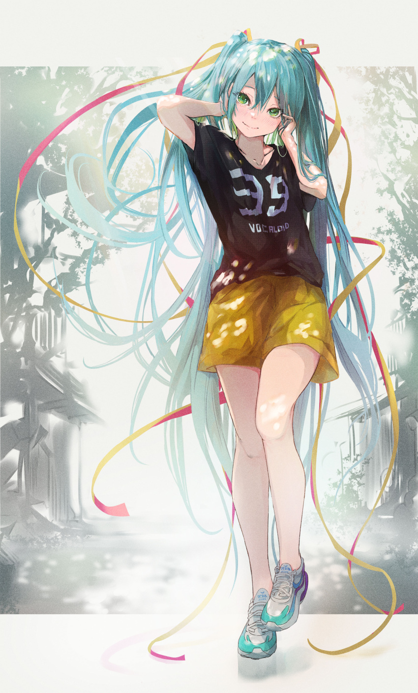 1girl absurdres bangs black_shirt blue_hair blush closed_mouth collarbone full_body green_eyes hair_between_eyes hair_ribbon hatsune_miku head_tilt highres letterboxed long_hair looking_at_viewer peropicnic pink_ribbon print_shirt red_ribbon ribbon shirt shoes short_shorts short_sleeves shorts smile sneakers solo standing t-shirt twintails very_long_hair vocaloid yellow_shorts