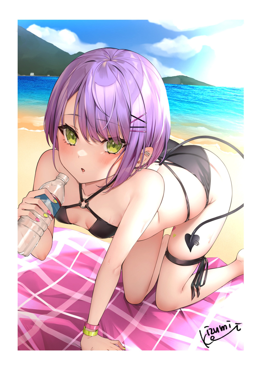 1girl absurdres bangs bare_shoulders beach beach_towel bikini black_bikini blush border bottle bracelet clouds collarbone day demon_tail ear_piercing eyebrows_visible_through_hair foot_out_of_frame green_eyes hair_ornament hairclip halter_top halterneck highres hololive izumi_kei jewelry kneeling looking_at_viewer mountain multicolored multicolored_nails o-ring o-ring_top outdoors parted_lips piercing purple_hair short_hair signature solo sweat swimsuit tail thigh_strap tokoyami_towa towel water water_bottle white_border x_hair_ornament