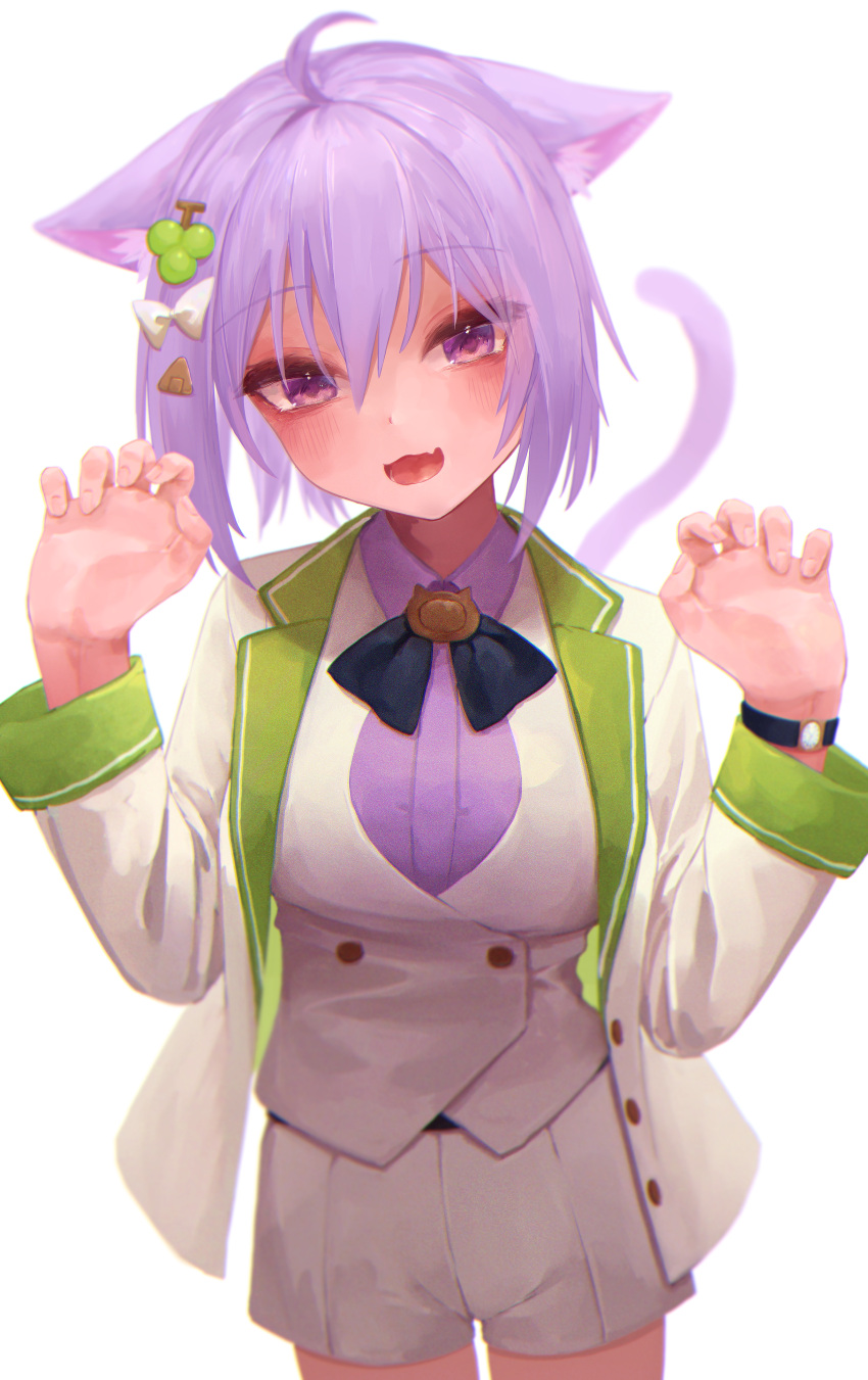 1girl :3 :d absurdres ahoge alternate_costume animal_ear_fluff animal_ears bangs blush bow bowtie breasts buttons cat_ears cat_girl cat_tail claws double-breasted fingernails hair_between_eyes hair_ornament hairclip highres hololive huge_filesize jacket large_breasts looking_at_viewer nanome_to nekomata_okayu open_clothes open_jacket open_mouth purple_hair short_hair shorts simple_background smile solo tail violet_eyes virtual_youtuber waistcoat white_background white_jacket white_shorts