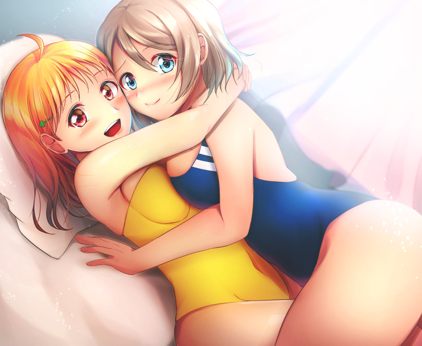 2girls ahoge bed blue_eyes blue_swimsuit blush breast_press casual_one-piece_swimsuit clover_hair_ornament commentary_request competition_swimsuit curtains hair_ornament hug light_brown_hair looking_at_viewer love_live! love_live!_sunshine!! multiple_girls niwatori_(eck16614) nose_blush one-piece_swimsuit orange_hair red_eyes short_hair swimsuit symmetrical_docking takami_chika watanabe_you yellow_swimsuit