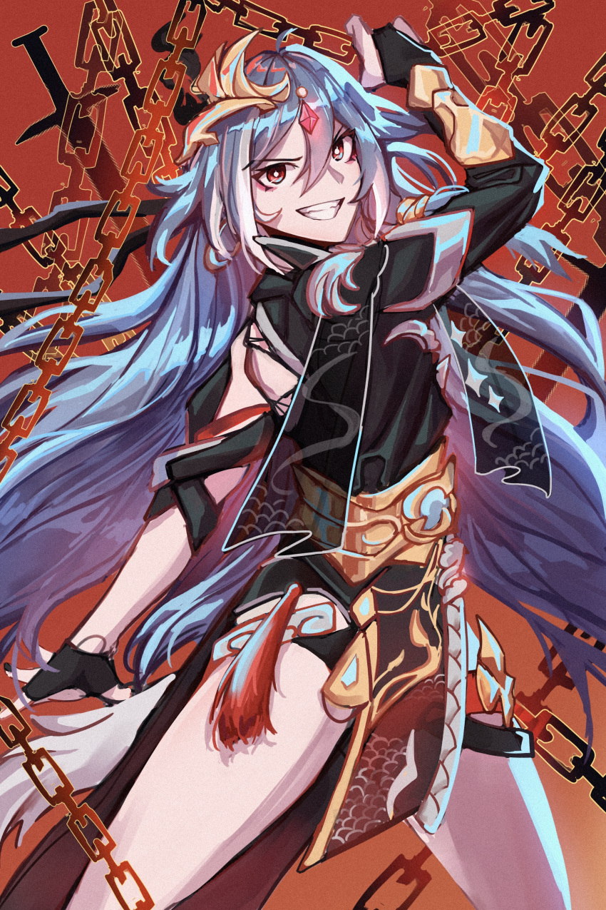 1girl absurdres asymmetrical_gloves bangs black_gloves black_nails chain chinese_clothes fingerless_gloves fu_hua fu_hua_(herrscher_of_sentience) gloves grey_hair grin hair_between_eyes hair_ornament highres holding holding_chain honkai_(series) honkai_impact_3rd long_hair looking_at_viewer mismatched_gloves multicolored_hair open_clothes red_background red_eyes smile streaked_hair teeth todok_kun v-shaped_eyebrows white_gloves