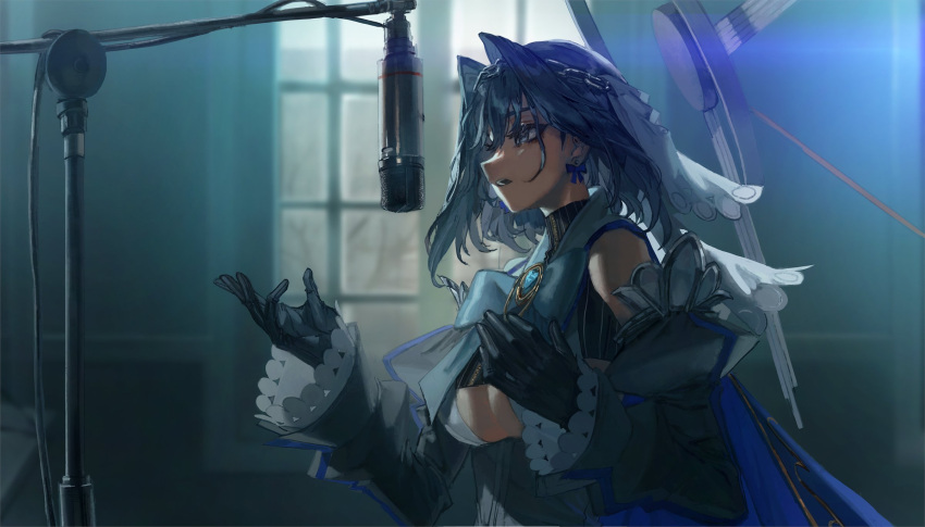 1girl black_gloves black_shirt blue_bow blue_cape blue_eyes blue_hair bow bow_earrings breasts cape detached_sleeves earrings english_commentary gloves hair_intakes head_chain highres hololive hololive_english jewelry large_breasts mechanical_halo medium_hair microphone microphone_cord microphone_stand music open_mouth ouro_kronii profile quasarcake shirt singing solo under_boob upper_body veil virtual_youtuber white_veil window