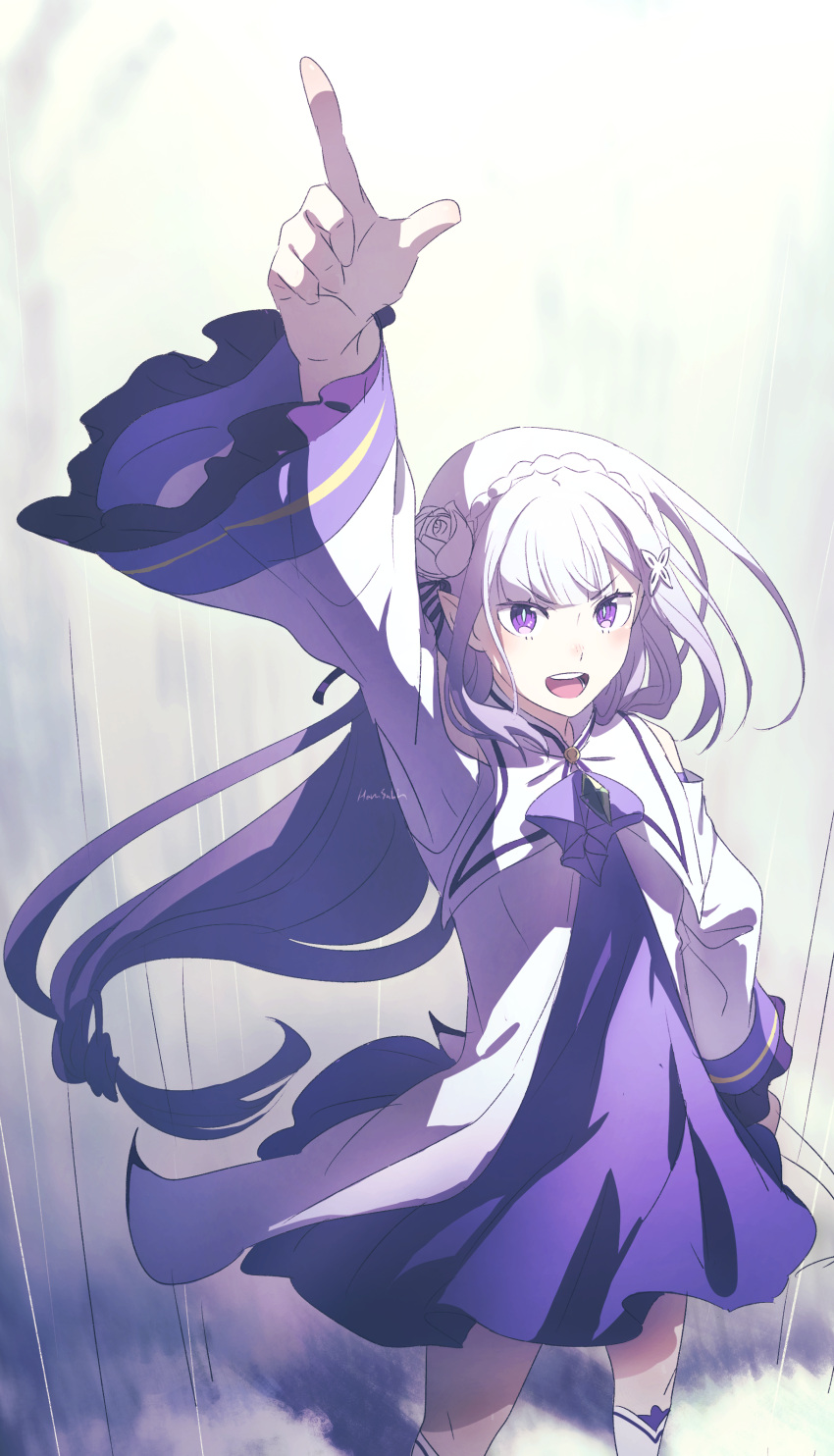 1girl absurdres arm_up braid cowboy_shot crown_braid dress emilia_(re:zero) flower hair_flower hair_ornament hair_ribbon hand_on_hip hand_up harusabin highres jacket long_hair long_sleeves open_mouth pointing pointing_up pointy_ears purple_dress purple_ribbon re:zero_kara_hajimeru_isekai_seikatsu ribbon silver_hair solo standing teeth violet_eyes white_flower white_jacket white_legwear