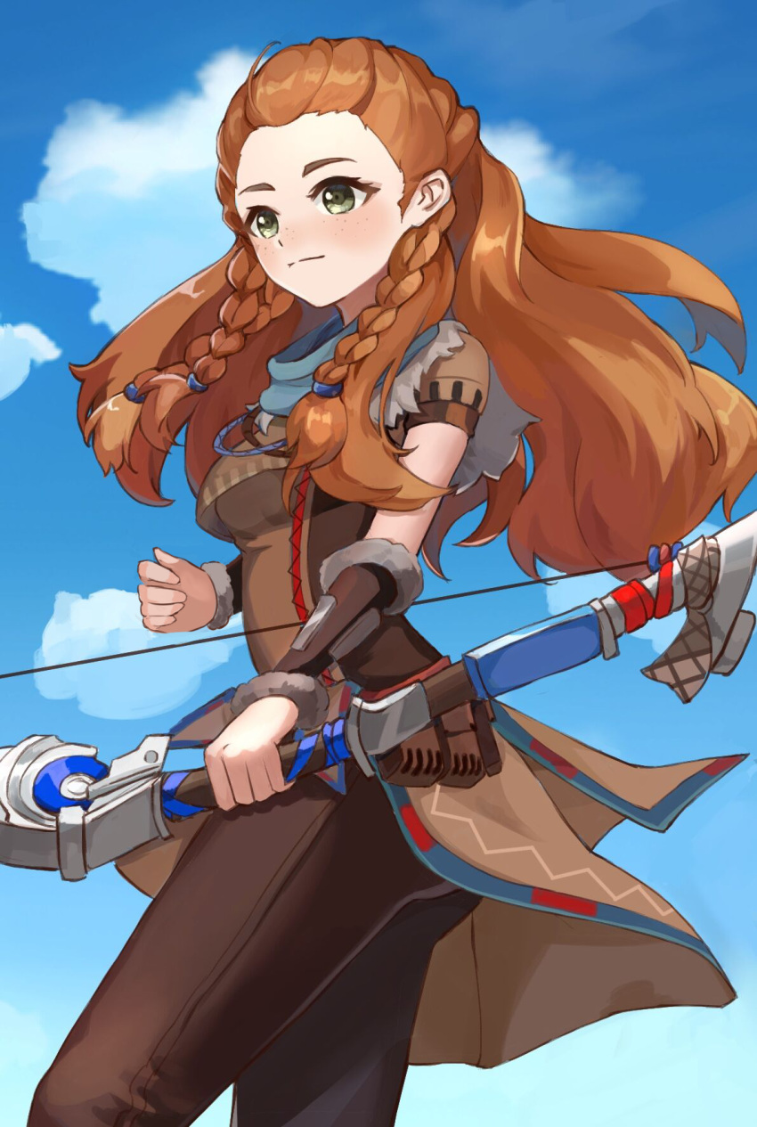 1girl ahoge aloy_(horizon) ass bangs_pinned_back blue_sky blurry bow_(weapon) brown_hair brown_pants clouds cloudy_sky commentary_request depth_of_field forehead genshin_impact green_eyes highres holding holding_bow_(weapon) holding_weapon horizon_zero_dawn long_hair looking_away pants short_sleeves sidelocks sky smile solo weapon xishuu_(user_dvah3828)