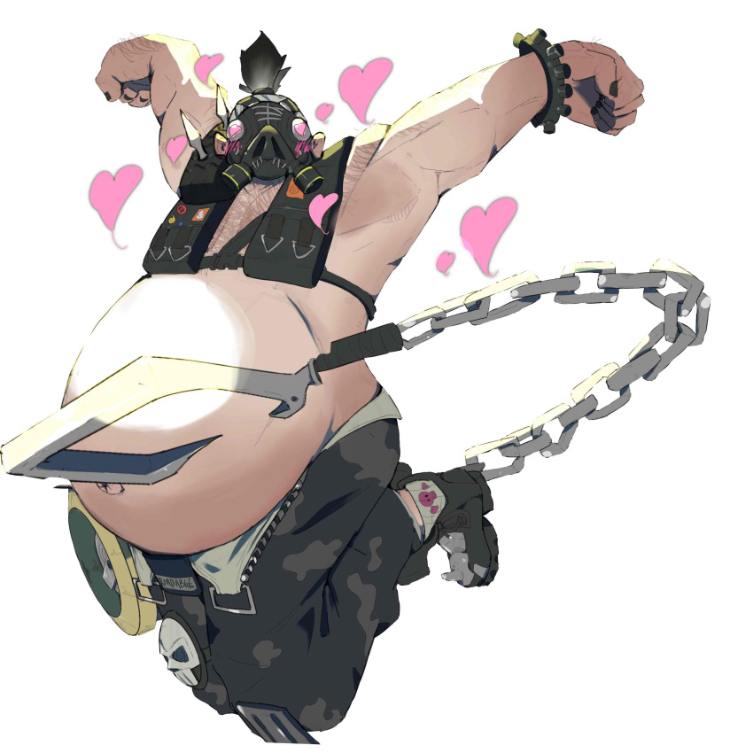 1boy absurdres armor armpits belly belt_buckle big_belly black_nails blush boots buckle camouflage camouflage_pants chain chest_hair combat_boots fabulous fat fat_man fingernails gas_mask grey_hair heart heart-shaped_pupils highres hook jumping load_bearing_vest looking_at_viewer male_focus mask muscular muscular_male open_fly overwatch pants pauldrons pose roadhog_(overwatch) short_ponytail shoulder_armor single_pauldron skull solo spikes symbol-shaped_pupils white_background yun-bai_hua