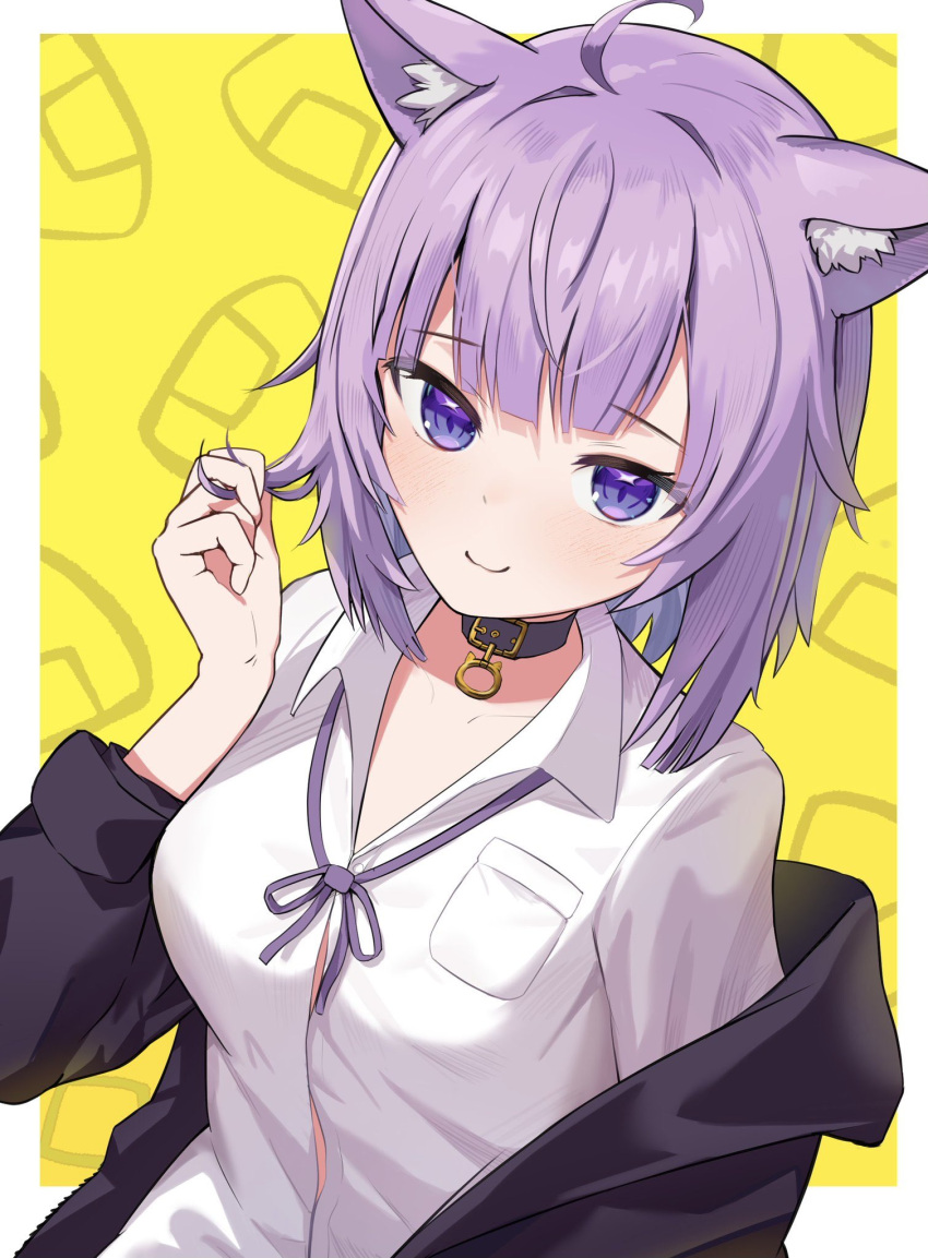 1girl ahoge animal_ear_fluff animal_ears bangs black_jacket blush breasts cat_ears cat_girl choker closed_mouth collared_shirt commentary_request eyebrows_visible_through_hair hand_up highres holding holding_hair hololive jacket looking_at_viewer medium_breasts medium_hair neck_ribbon nekomata_okayu off_shoulder open_clothes open_jacket purple_hair purple_ribbon ribbon ruka_tou shirt simple_background smile solo upper_body violet_eyes virtual_youtuber white_shirt