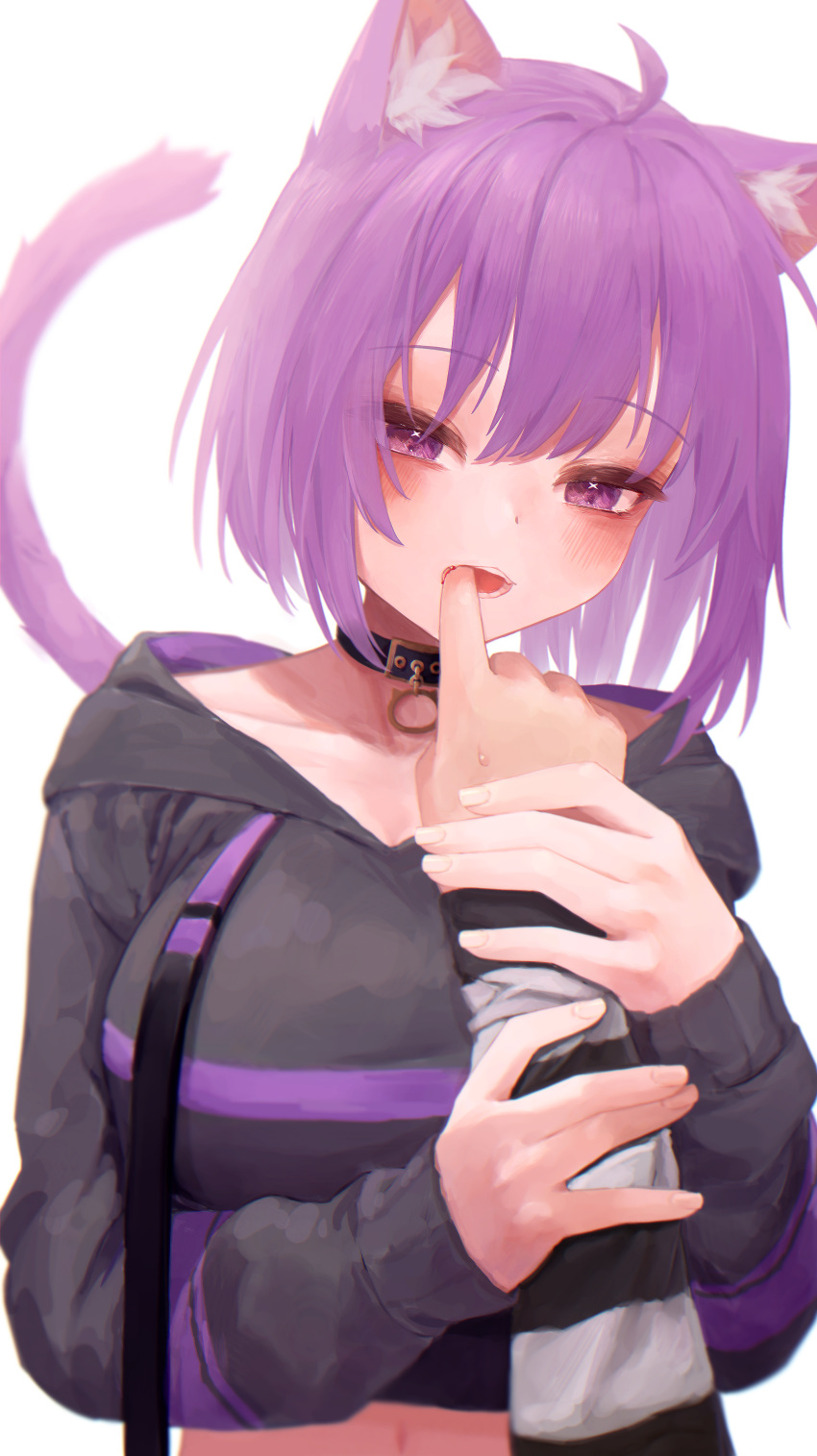 1girl 1other absurdres ahoge animal_collar animal_ear_fluff animal_ears arm_grab bangs biting black_collar black_hoodie blush breasts cat_ears cat_girl cat_tail collar collarbone cropped_hoodie finger_biting hair_between_eyes highres holding_another's_arm hololive hood hoodie large_breasts long_sleeves looking_at_viewer midriff nanome_to navel nekomata_okayu pov pov_hands purple_hair short_hair simple_background solo_focus tail violet_eyes virtual_youtuber white_background