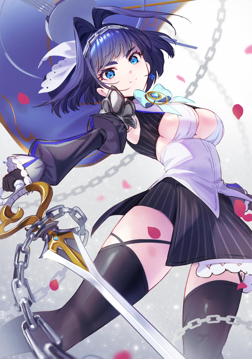 1girl akaike bangs black_gloves black_legwear blue_bow blue_eyes blue_hair bow breasts chain cleavage_cutout closed_mouth clothing_cutout commentary detached_sleeves floating_hair gem gloves hair_intakes head_chain highres holding holding_sword holding_weapon hololive hololive_english long_sleeves looking_at_viewer mechanical_halo medium_breasts ouro_kronii petals shirt short_hair skirt smile solo striped sword thick_eyebrows thigh-highs vertical-striped_skirt vertical_stripes virtual_youtuber weapon white_shirt
