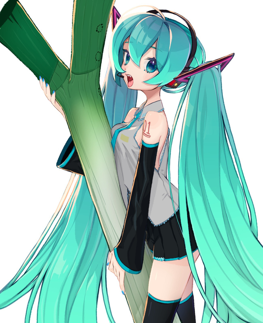 1girl aqua_eyes aqua_hair bare_shoulders blush breast_rest breasts detached_sleeves fang green_eyes green_hair hair_ornament hatsune_miku headphones highres long_hair looking_at_viewer medium_breasts necktie open_mouth skirt smile solo thigh-highs twintails very_long_hair vocaloid