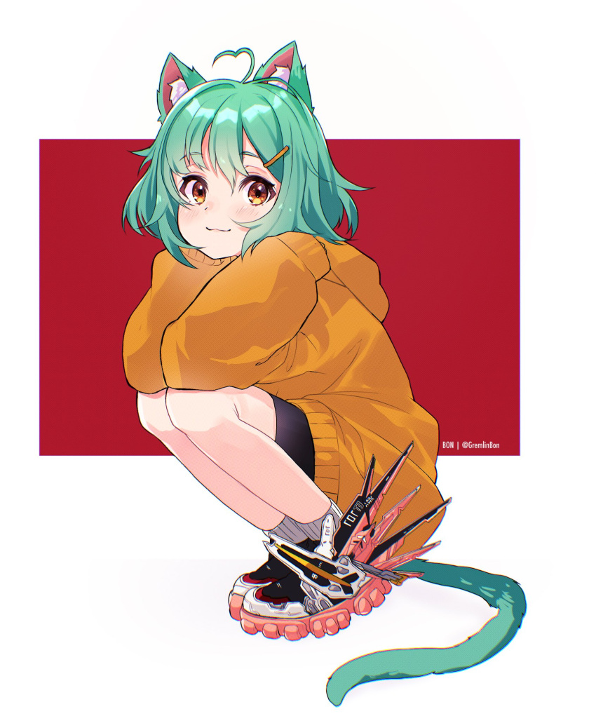 1girl :3 animal_ear_fluff animal_ears anthony_wang_(brand) blush cat_ears cat_girl cat_tail english_commentary eyebrows_visible_through_hair from_side girl_dm green_hair gremlinbon hair_ornament hairclip heart_hair highres hood hoodie indie_virtual_youtuber looking_at_viewer orange_hoodie shoes sleeves_past_fingers sleeves_past_wrists sneakers solo squatting tail virtual_youtuber