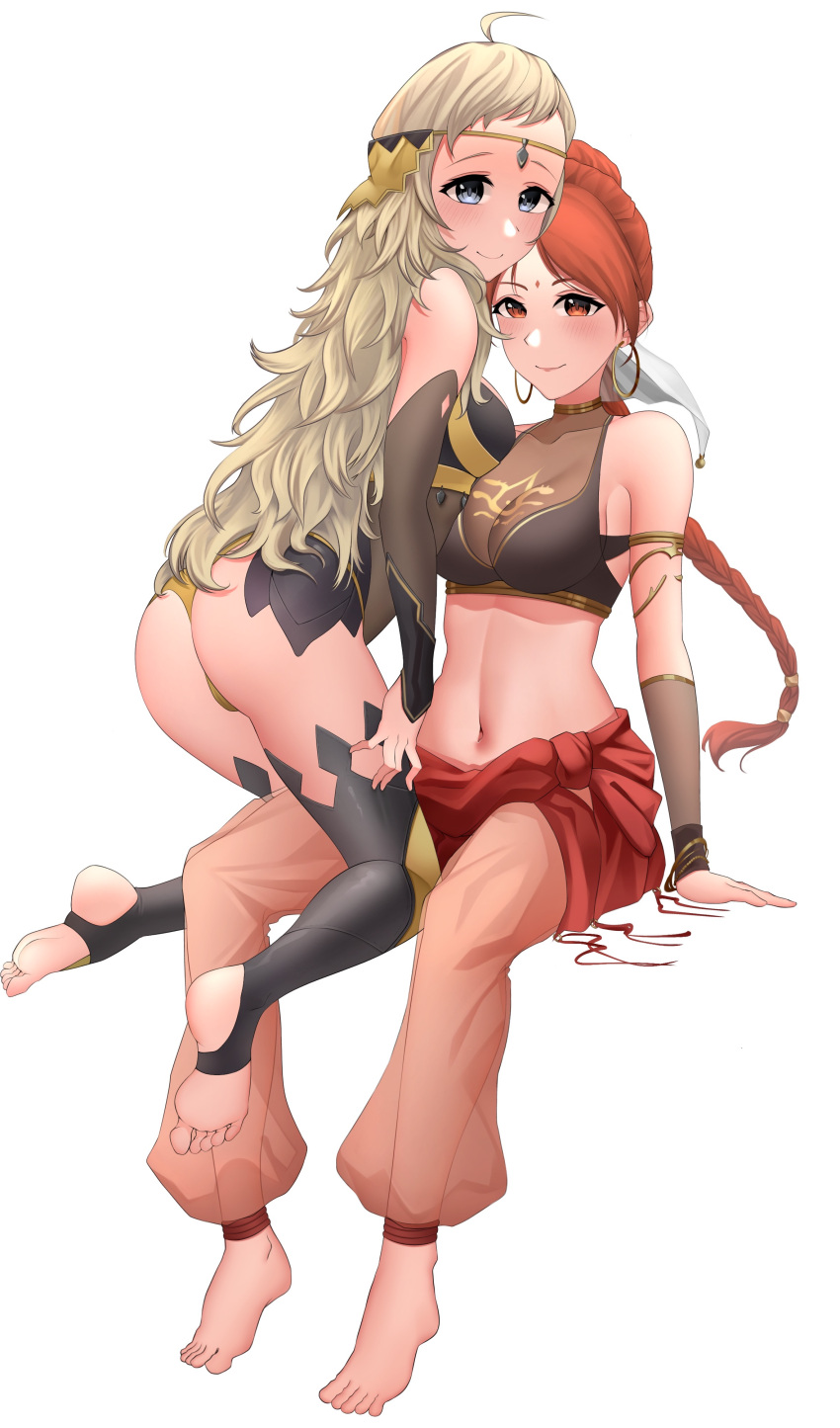 2girls absurdres ahoge ass bangs bare_shoulders barefoot blonde_hair bodystocking bracelet braid braided_ponytail breasts commission commissioner_upload croenji fire_emblem fire_emblem:_the_sacred_stones fire_emblem_fates grey_eyes highres jewelry long_hair looking_at_viewer medium_breasts multiple_girls ophelia_(fire_emblem) red_eyes redhead tethys_(fire_emblem) thigh-highs