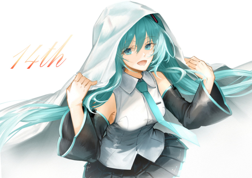 1girl :d bangs black_skirt black_sleeves blue_eyes blue_hair blue_neckwear breasts collared_shirt detached_sleeves dress_shirt eyebrows_visible_through_hair floating_hair hair_between_eyes hatsune_miku long_hair long_sleeves medium_breasts miniskirt necktie open_mouth pleated_skirt rusi shirt skirt sleeveless sleeveless_shirt smile solo standing twintails very_long_hair vocaloid white_background white_shirt wing_collar