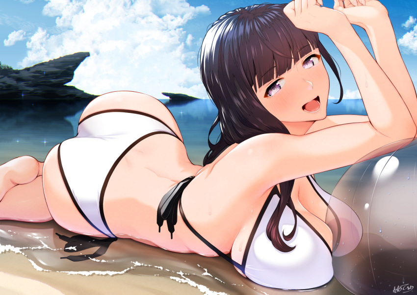 1girl ass bangs bikini black_hair blue_sky blunt_bangs blush breast_press breasts clouds cloudy_sky day eyebrows_visible_through_hair large_breasts long_hair looking_at_viewer lower_teeth lying nanahime on_stomach open_mouth original shore sky solo swimsuit violet_eyes water white_bikini