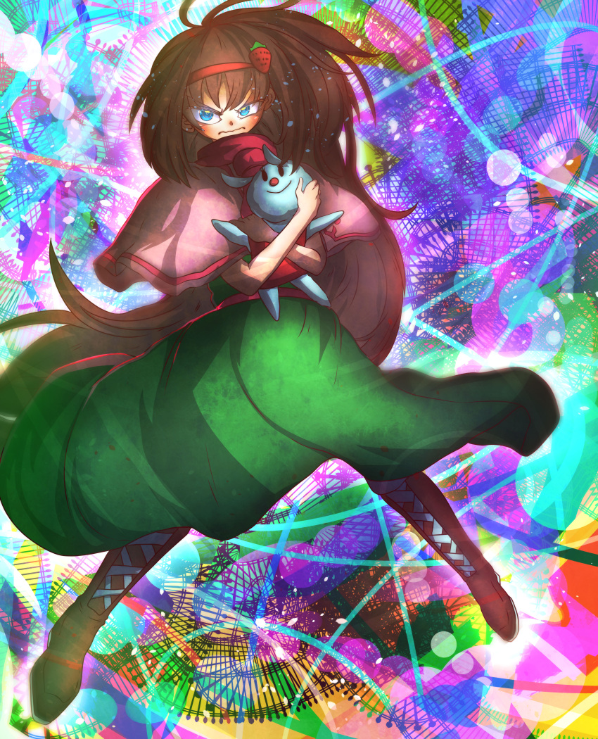 1girl absurdres bangs blue_eyes blush boots brown_footwear brown_hair capelet closed_mouth commentary_request cookie_(touhou) dress food-themed_hair_ornament full_body green_dress hair_ornament hairband highres ichigo_(cookie) long_hair looking_at_viewer multicolored multicolored_background niwarhythm pink_capelet red_hairband red_sash sash solo strawberry_hair_ornament stuffed_animal stuffed_bunny stuffed_toy very_long_hair wavy_mouth