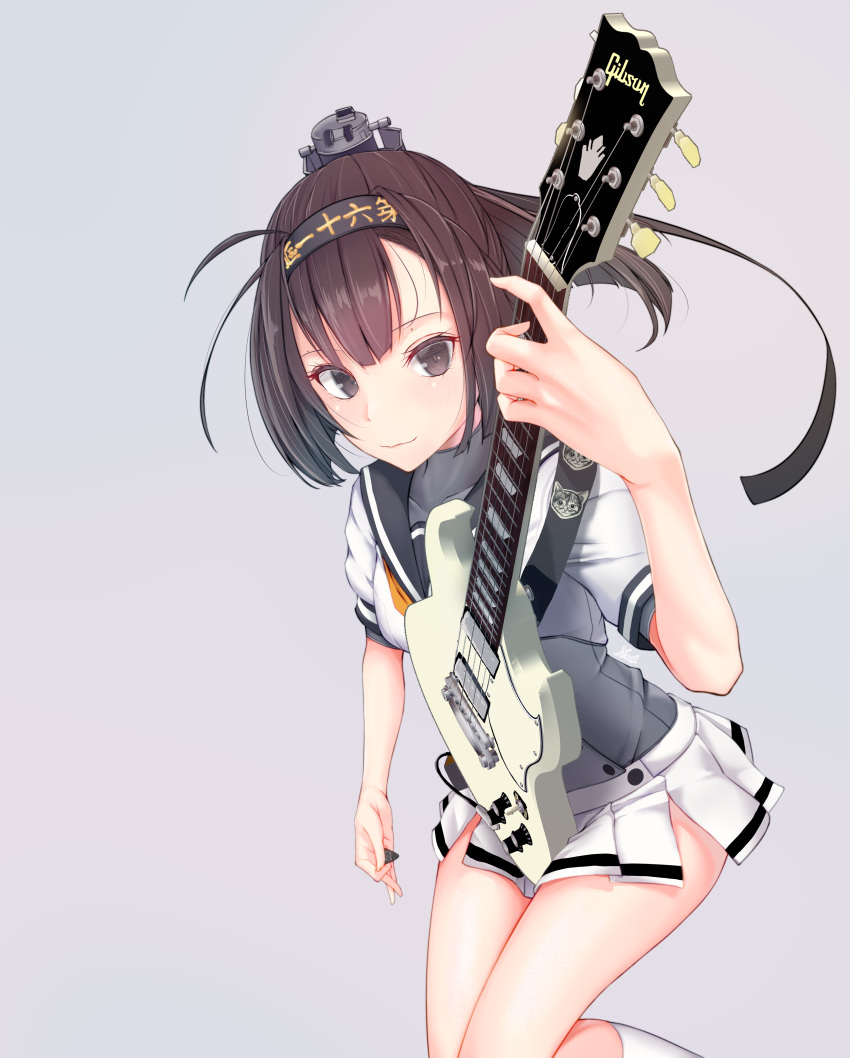 1girl absurdres akizuki_(kancolle) bangs black_eyes black_hair black_sailor_collar breasts closed_mouth clothes_writing electric_guitar gibson_sg grey_background guitar hachimaki headband highres holding holding_instrument instrument kantai_collection kneehighs long_hair looking_at_viewer medium_breasts miniskirt nagisa_nagi pleated_skirt plectrum ponytail sailor_collar short_sleeves simple_background skirt solo white_legwear white_skirt yellow_neckwear