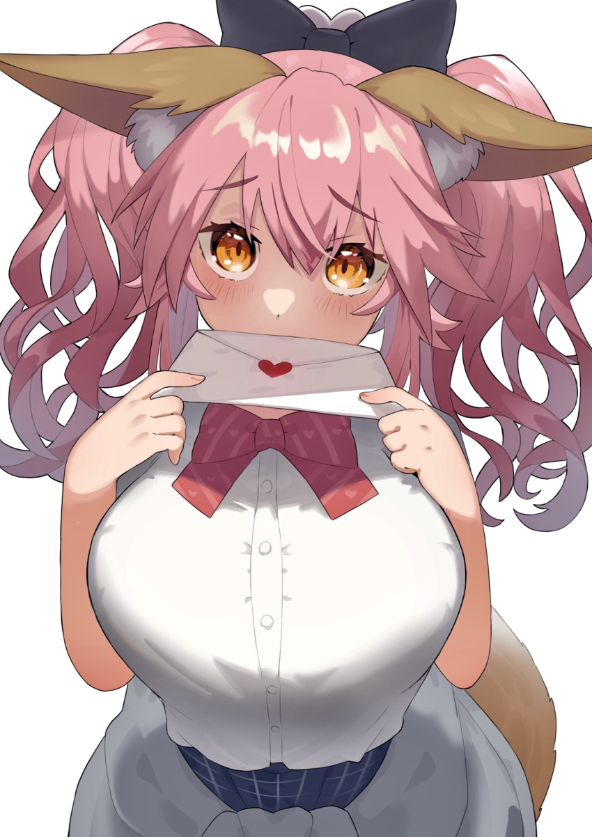 1girl animal_ear_fluff animal_ears blue_skirt breasts clothes_around_waist fate/extella fate/extra fate_(series) fox_ears fox_girl fox_tail heart highres holding holding_letter jacket jacket_around_waist large_breasts letter orange_eyes pink_hair plaid plaid_skirt school_uniform shirt short_sleeves skirt solo tail tamamo_(fate) tamamo_no_mae_(fate/extra) tsukimi_okayu white_shirt